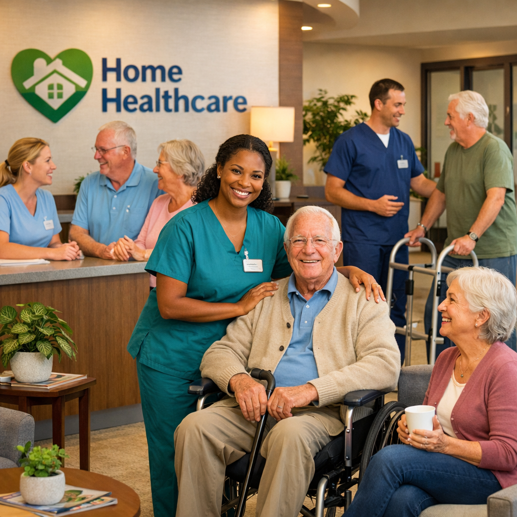 Nurse smiling with elderly man in wheelchair and other senior patients with healthcare staff